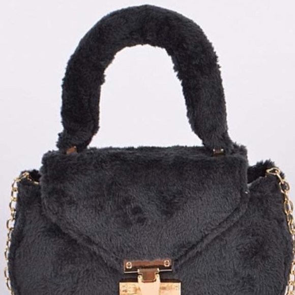 Soft Black Faux Fur Gold Chain Crossbody Mini Bag - Picture 4 of 5
